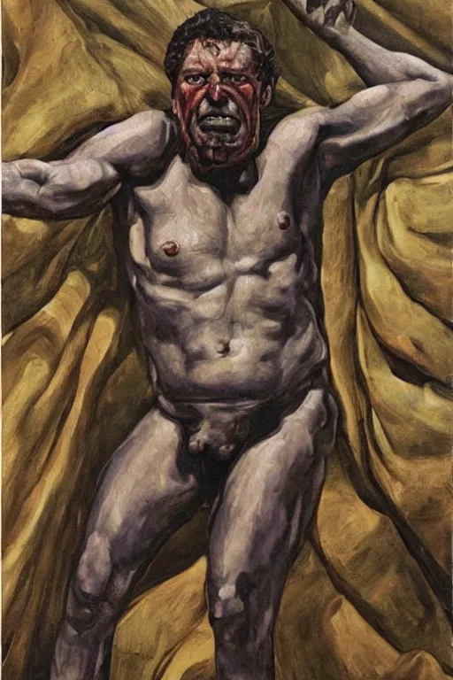 Image similar to Beast ,fully clothed, from the X-Men oil painting by Lucian Freud