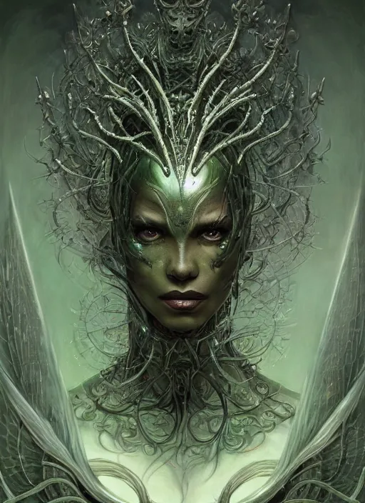 Prompt: full portrait of witchqueen, green metal shiny skin. intricate, elegant, highly detailed, centered, digital painting, artstation, concept art, smooth, sharp focus, illustration, artgerm, tomasz alen kopera, peter mohrbacher, donato giancola, joseph christian leyendecker, wlop, frank frazetta