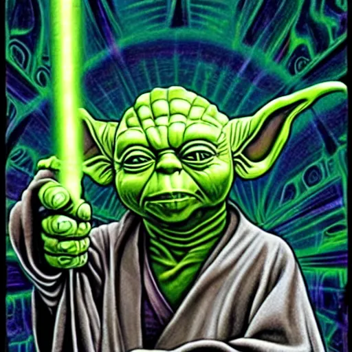 Prompt: yoda by alex grey