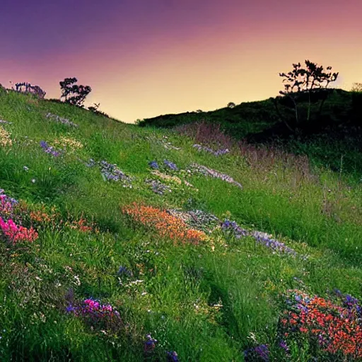 Prompt: a still from a ghibli movie, of a hilly flower meadow at twilight, with a badger