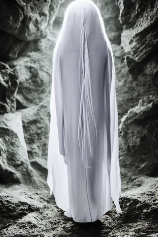 Image similar to a full body back samarai cloaked in white with white long hair, standing in light beam of a dark cave, high quality, ultra detail, wide view