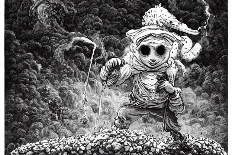 Image similar to a highly detailed pulcinella!! from naples, pizza!, volcano, black sky, smoke, fire lava, post - apocalyptic vibe, full body, wide angle, an ultrafine detailed painting by joe fenton, trending on deviantart, whimsical, lowbrow, perfect symmetrical face, sharp focus, octane, masterpiece