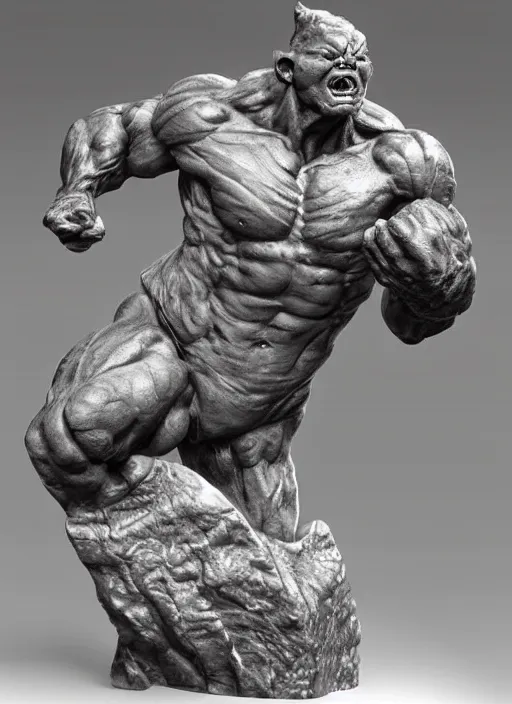 Image similar to a full figure marble sculpture of a running Giant Orc, rough texture by Rodin and frazetta