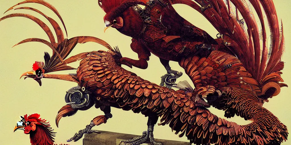 Image similar to digital painting of two mechanical roosters fighting, by wayne barlowe and bob pepper and karl wilhelm de hamilton, dieselpunk, steampunk, highly detailed, intricate, sharp focus, portrait, talons, anatomy, beak, wings