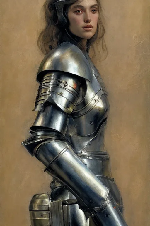 Image similar to an upper body portrait of a female knight, oil painting, by ross tran and and Edgar Maxence and julie bell