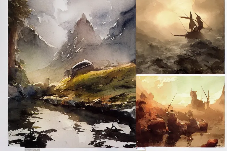 Prompt: small centered on watercolor paper, paint brush strokes, abstract watercolor painting of ancient kingdom, foreign nature, viking mythology, cinematic light, american romanticism by hans dahl, by jesper ejsing, by anders zorn, by greg rutkowski, by greg manchess, by tyler edlin