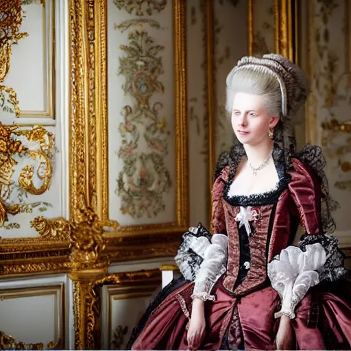 Image similar to marie antoinette in versailles, wow 4 k detail fantasy, matte painting, realistic materials, photo realistic, postprocessing, cinematic, hyperrealistic, studio lighting, ekaterina, the tudors, photography by richard jenkins