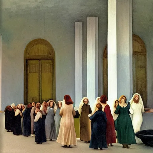 Prompt: procession of women in a soviet temple, dripping watercolor by gottfried helnwein, by hammershøi, highly detailed, art nouveau wallpaper, lights by edward hopper, liminal, eerie, pastel colors, limited palette