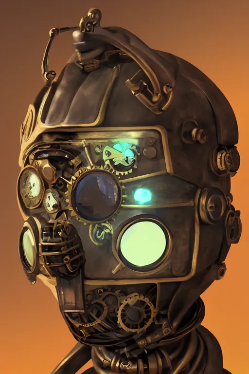 Image similar to steampunk mask minimalist fantasy art robot ninja helmet, global illumination ray tracing hdr fanart arstation by sung choi and eric pfeiffer and gabriel garza and casper konefal radiating a glowing aura