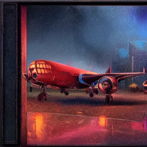 Image similar to movie frame of a vintage scrappy aircraft parked on the tarmac on a misty day, wet ground, neon lights, wide angle shot, by ian mcque ferdinand knab, makoto shinkai and lois van baarle, artgerm, pixar, ilya kuvshinov,, tom bagshaw, global illumination