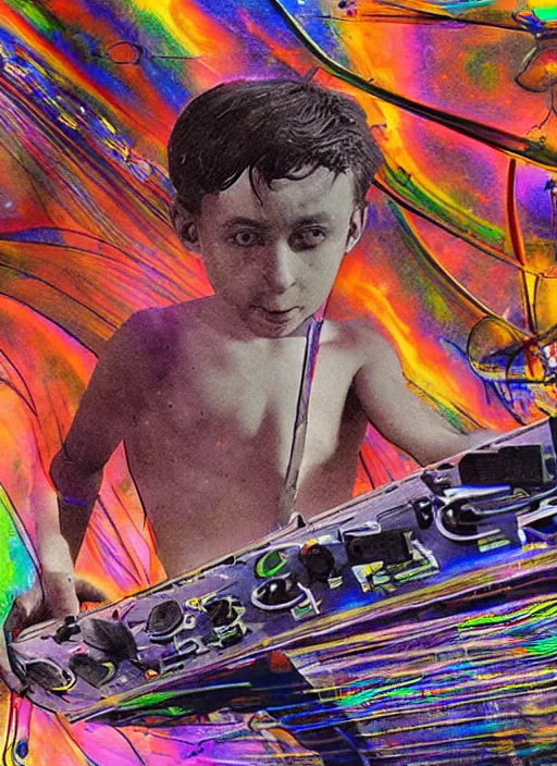 Image similar to a boy playing cdjs on a psychedelic space, by Salvador dali, da Vinci, real 3D, atmosphere, gesture drawn