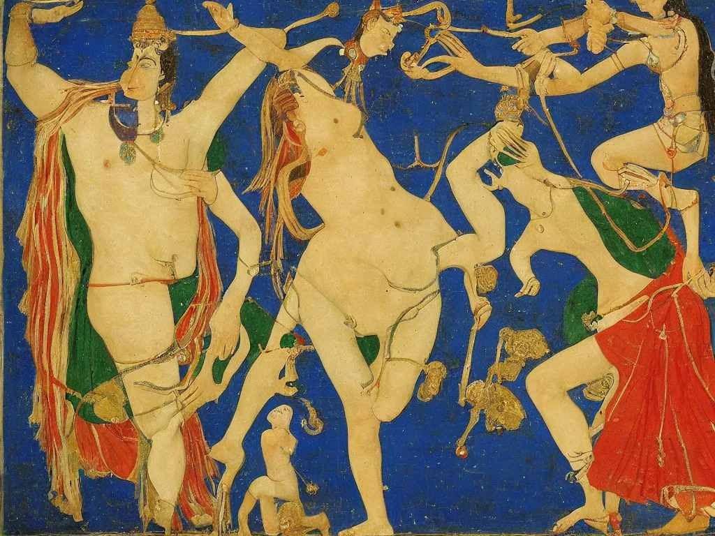 Image similar to portrait of a dancing shiva with bull. lapis lazuli, malachite, cinnabar, gold. minoan painting by piero della francesca, balthus, agnes pelton