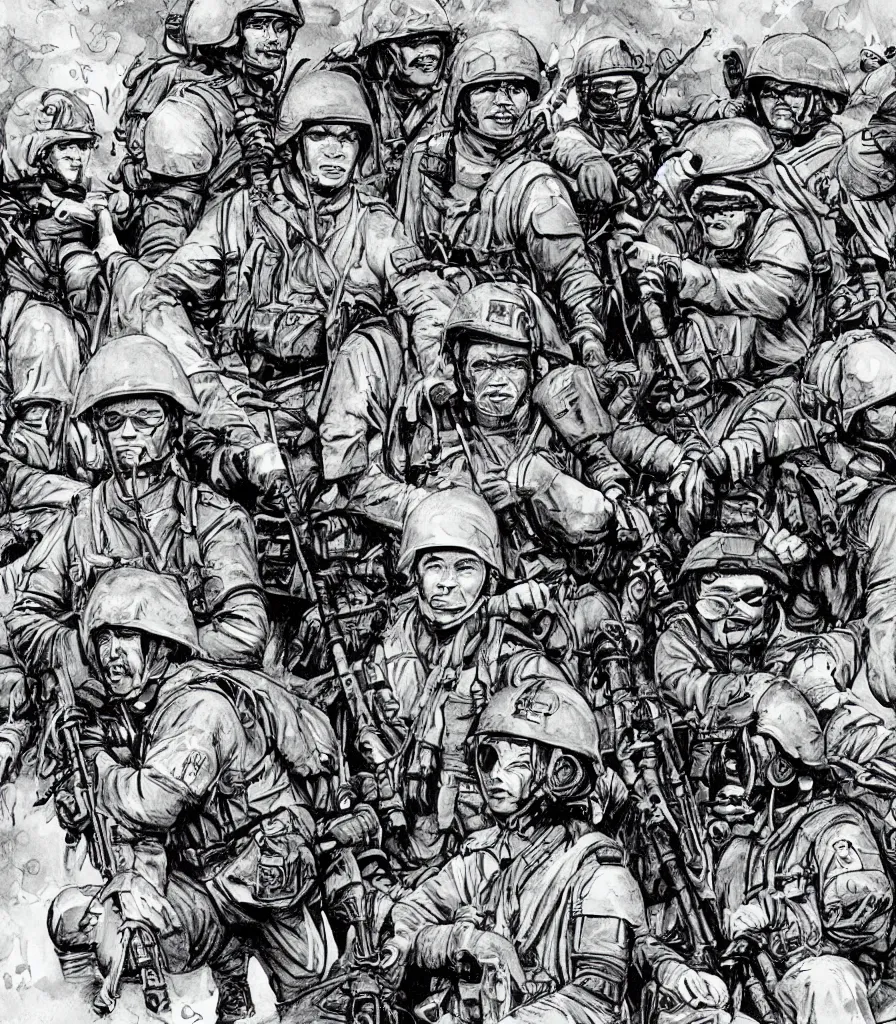 Image similar to vietnam war helicopter soldiers rain illustration in the style of jim lee