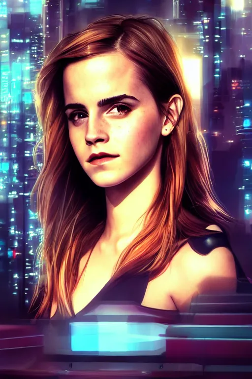 Image similar to Emma Watson, head and shoulders portrait, the background is a huge futuristic city, cyberpunk style futuristic neon lights, artstation cgsociety masterpiece highly-detailed