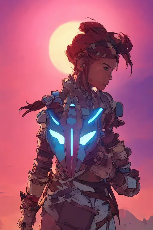 Image similar to combination suit armor aloy horizon forbidden west horizon zero dawn robot ninja mask helmet backpack tribal, art gta 5 comics, official fanart behance hd artstation by jesper ejsing, by rhads, makoto shinkai and lois van baarle, ilya kuvshinov, ossdraws radiating a glowing aura cgi rtx 2 0 2 2