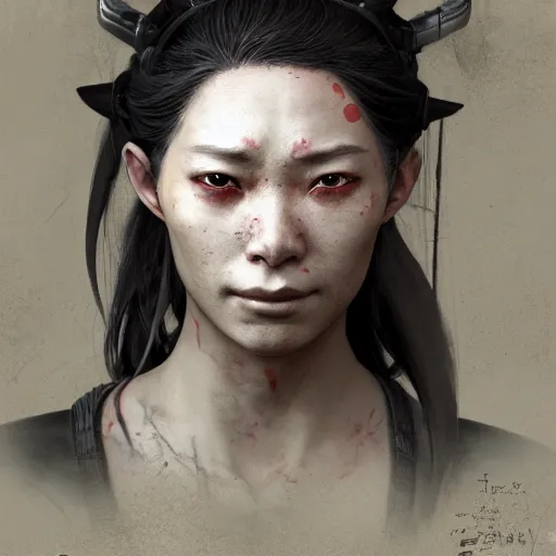 Prompt: Sickly diseased dying female Samurai warrior, portrait by Cedric Peyravernay, highly detailed, excellent composition, cinematic concept art, dramatic lighting, trending on ArtStation