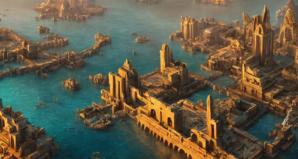 Image similar to ancient city of atlantis with big buildings in gold, asgard, ocean, fantasy, magical, cinematic, establishing shot, eye level, wide angle, epic scale, raytracing, volumetric lighting, extremely detailed, sharp focus, coherent, amr elshamy, filip hodas, brian miller