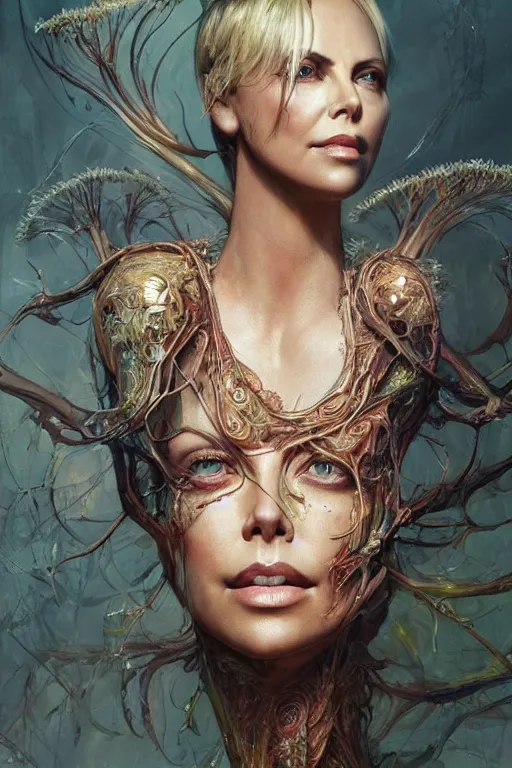 Image similar to Portrait of Charlize Theron as Venus flytrap, intricate, highly detailed, smooth, artstation, digital illustration by Ruan Jia and Mandy Jurgens and Artgerm and Wayne Barlowe and Greg Rutkowski and Zdislav Beksinski