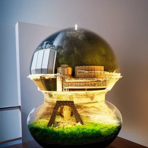 Prompt: a large terrarium with a diorama of a nuclear power station inside on top of a minimalist table, lit from the side