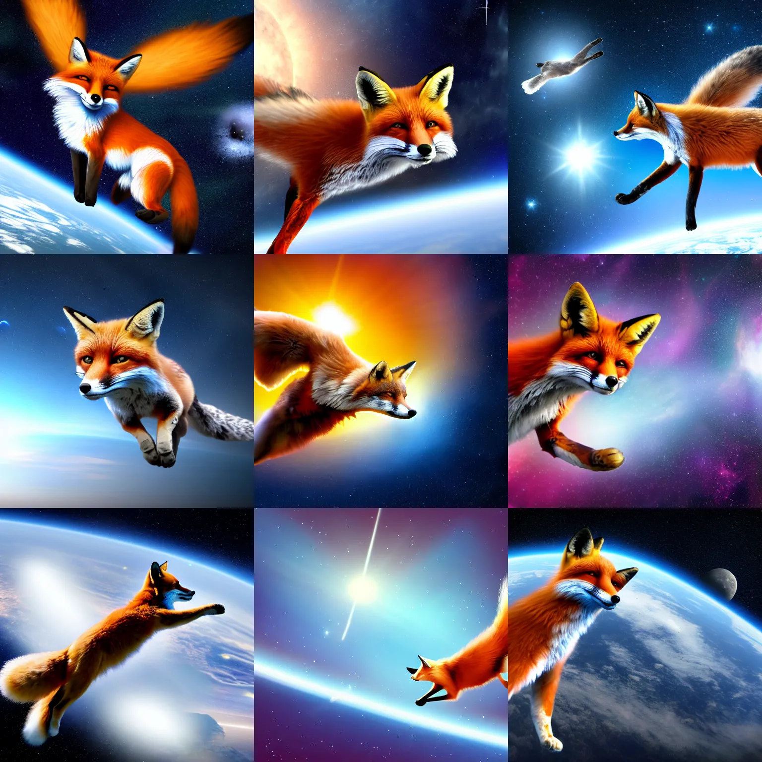 Prompt: fox flying in front of white crunch in space, 4k