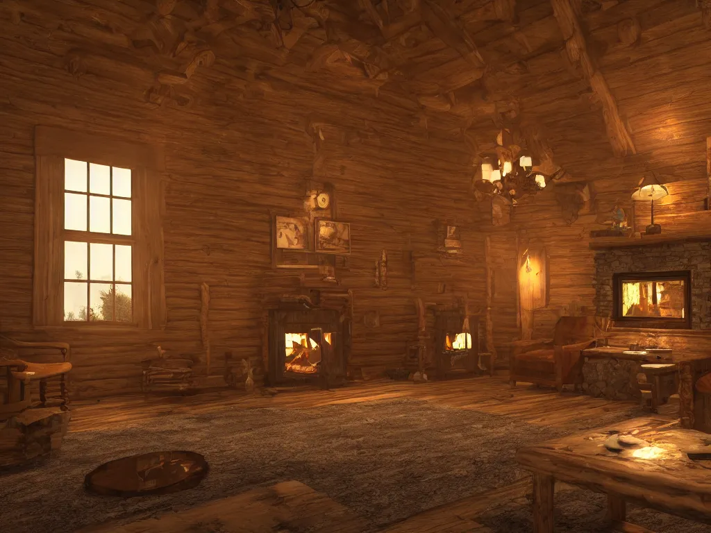 Prompt: Log cabin interior on stormy night, warm fireplace, hdr, ue5, unreal engine 5, cinematic 4k wallpaper, ultra detailed, high resolution, artstation, award winning.