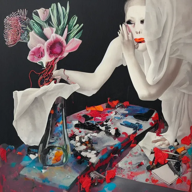 Image similar to empty room with black walls, sensual portrait of a female pathologist, broken vase, spilled flowers, puddle of water, octopus, squashed berries, neo - expressionism, surrealism, acrylic and spray paint and oilstick on canvas