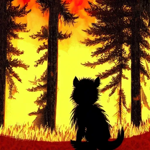 Image similar to a cute furry monster looking at a forest fire