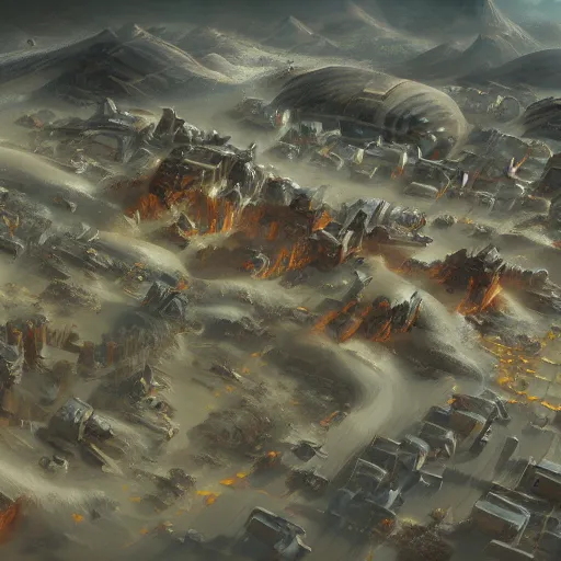 Image similar to A prospering village on a meteor crash site, concept art, detailed, 4K, artstation, aerial view, film grain