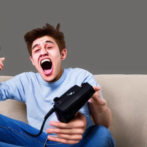 Prompt: 20 year old man screaming at a Playstation.