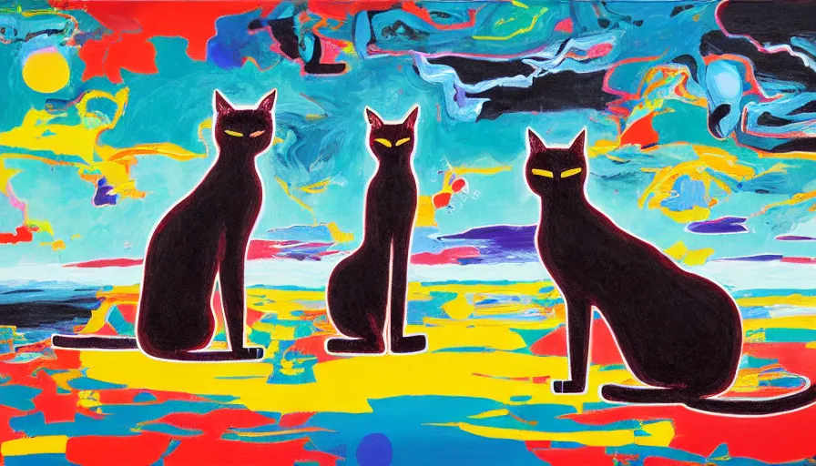Prompt: contemporary semi abstract acrylic painting of really tall sitting cats by makoto shinkai, by stanley donwood, kessler art, thick brush strokes and visible paint layers, multicolor color scheme