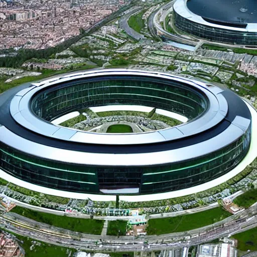 Image similar to The Apple Parc as a giant ring-shaped space station encircling a modern city floating above the city, the ring is horizontal, surrounding the city, cinematic