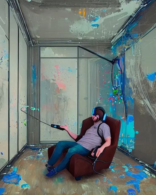 Image similar to a man reclines in a gaming computer chair with headphones on a controller inhand in a domestic interior filled with screens by james jean and luc tuymans and beeple and hernan bas and pat steir and hilma af klint, psychological, 3 d, dripping paint, high quality render, masterpiece