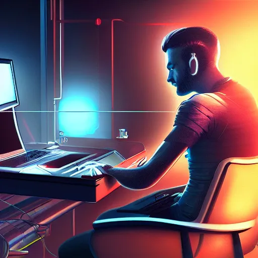 Prompt: realistic successful man typing on laptop in gaming room, artstation trends, cyberpunk concept art, highly detailed, intricate, sharp focus, digital art, 8 k