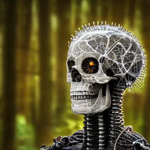 Prompt: very detailed portrait 55mm photo of a mechanical head without skin, with crystal bones and optic fiber nerves, gears in his head and cybernetic enhancements in it's skull. In the forest with bokeh. Ray tracing and tessellation. Very sharp high detailed 8k image