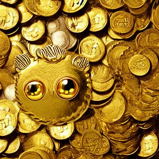 Image similar to giant gold dragon with large eyes on a pile of gold coins
