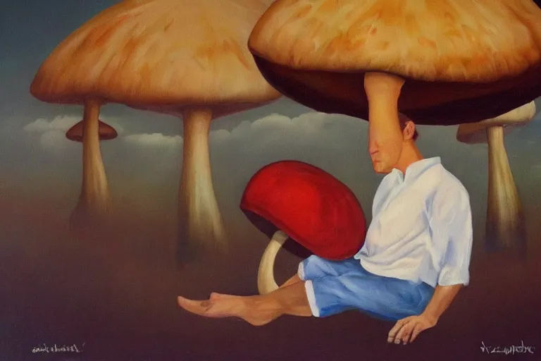 Image similar to sad orban viktor sitting under a big mushroom, surreal oil painting