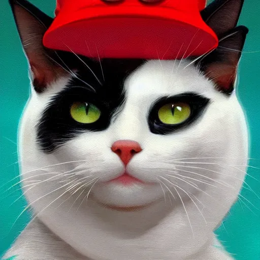 Prompt: Portrait of a Cat wearing a red Super Mario hat, kawaii aesthetic, nintendo, box art, highly detailed, digital painting, artstation, concept art, smooth, sharp focus, illustration, art by artgerm and greg rutkowski and alphonse mucha