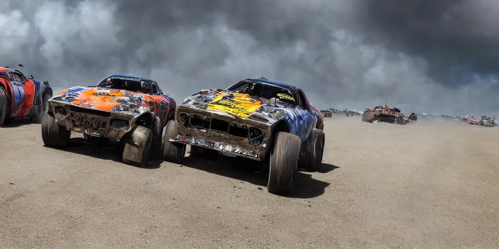 Image similar to the most craziest extreme mad max style car race in history, along a beach in cornwall, really extreme cyberpunk brutal racing machines, gritty, crash, custom fighting speed machines, spectators, smoke, dust, waves, cloudy blue sky