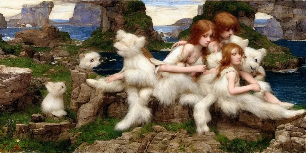 Prompt: 3 d precious moments plush animal, realistic fur, limestone cliffs bu the sea, master painter and art style of john william waterhouse and caspar david friedrich and philipp otto runge