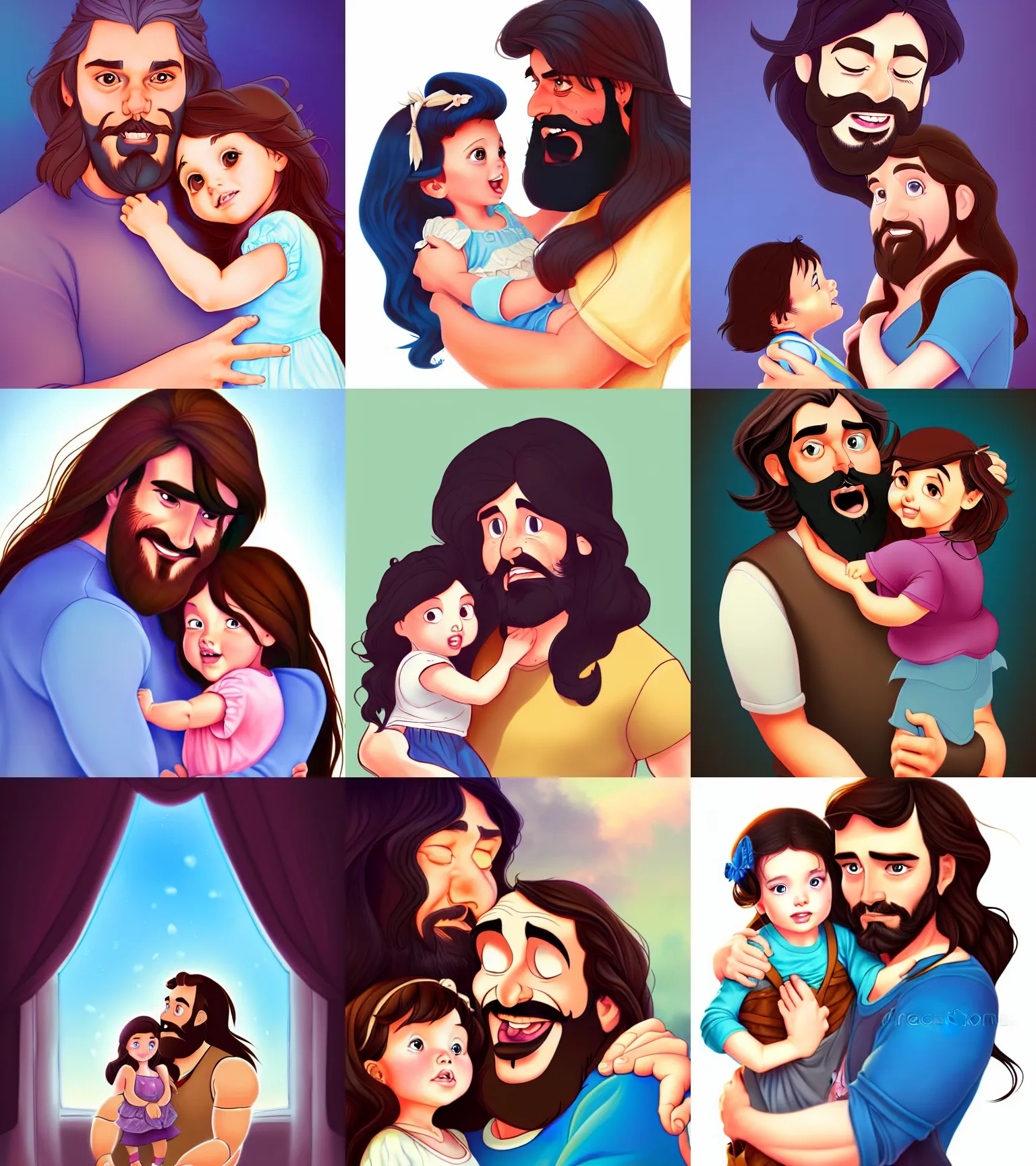 Prompt: a long - haired bearded father and his brunette child toddler girl, love, feeling, happy, full color digital illustration in the style of don bluth, artgerm, artstation trending, 4 k