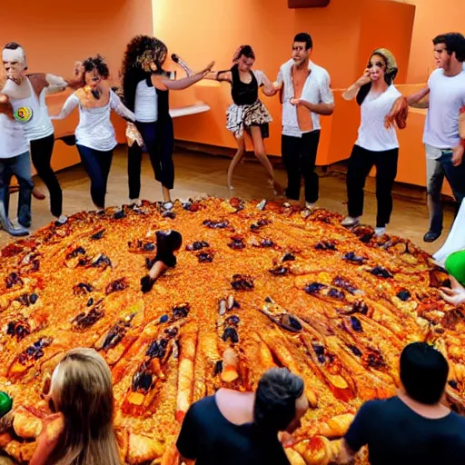 Prompt: six people dancing on a floor made of paella valenciana
