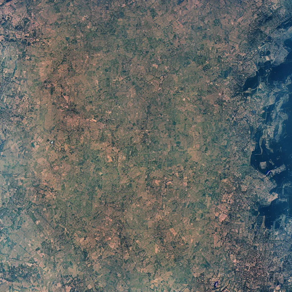 Prompt: a very polluted landscape seen by sentinel or landsat satellite during the day with very high lights and urban sediment, photorealistic, high resolution, best quality, glitch