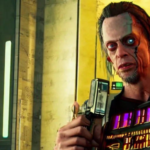 Prompt: screenshot of Steve Buschemi in Cyberpunk 2077