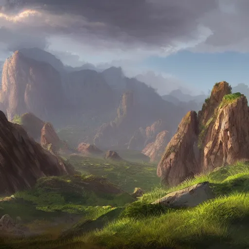 Prompt: a landscape of extremely high and pointy rocks with small green vegetation and a village in the distance, concept art, matte painting, masterpiece, artstation, cgsociety