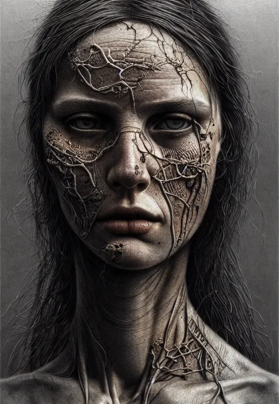 Prompt: ultra realist intricate detailed portrait of a single rugged attractive female, full body, accurate features, apocalyptic, very intricate details, 8 k resolution, dim lighting, dramatic lighting, artstyle zdzisław beksinski, award winning