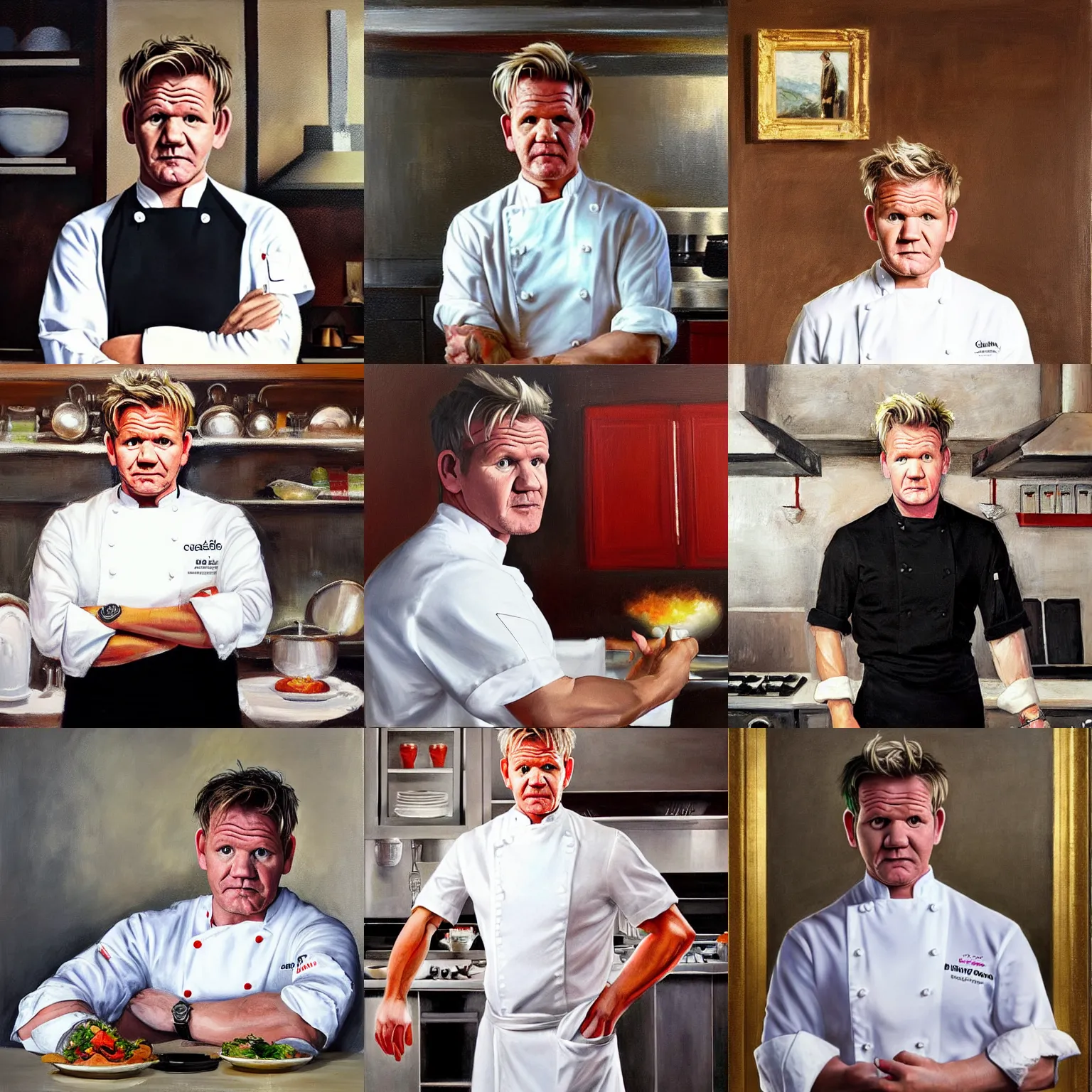 Prompt: Medium full shot, Gordon Ramsay wearing a chef's uniform in a kitchen!!!, oil on canvas, classicism style