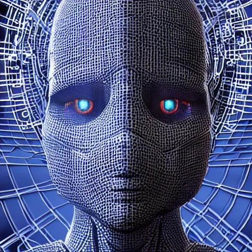 Image similar to an insanely detailed cibernetic artwork of a futuristic artificial intelligence superstar, centered image, perfectly symmetrical alien face, extremely detailed texture, with frames made of detailed fractals, octsne render, 4k, insanely detailed, detailed grid as background, cgi