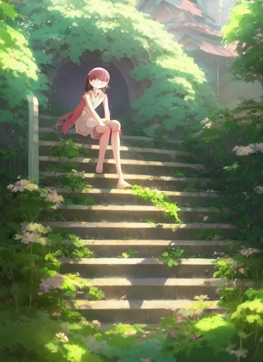 Prompt: girl sitting on a stair where there is an arched shed, many green plant and flower gowing on it, illustration concept art anime key visual trending pixiv fanbox by wlop and greg rutkowski and makoto shinkai and studio ghibli