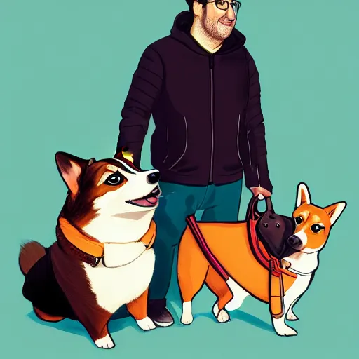 Image similar to Eric Wareheim as a hacker with a corgi, digital painting, 4k, anime key visual, artstation, kuvshinov ilya