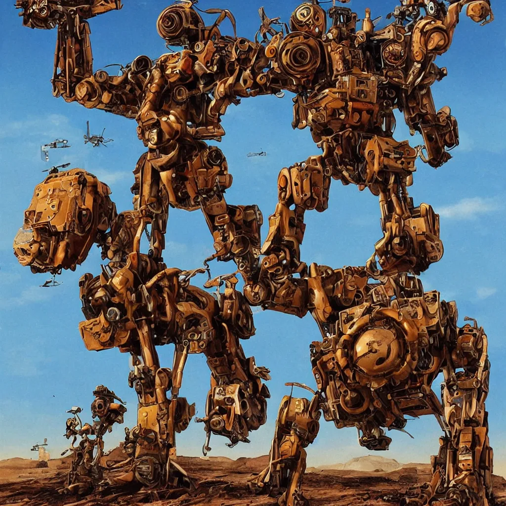 Image similar to a (pulp sci-fi) poster depicting a giant (rusted bronze dog) mech piloted by a dog, (riveted mechanical dog) on a desert world